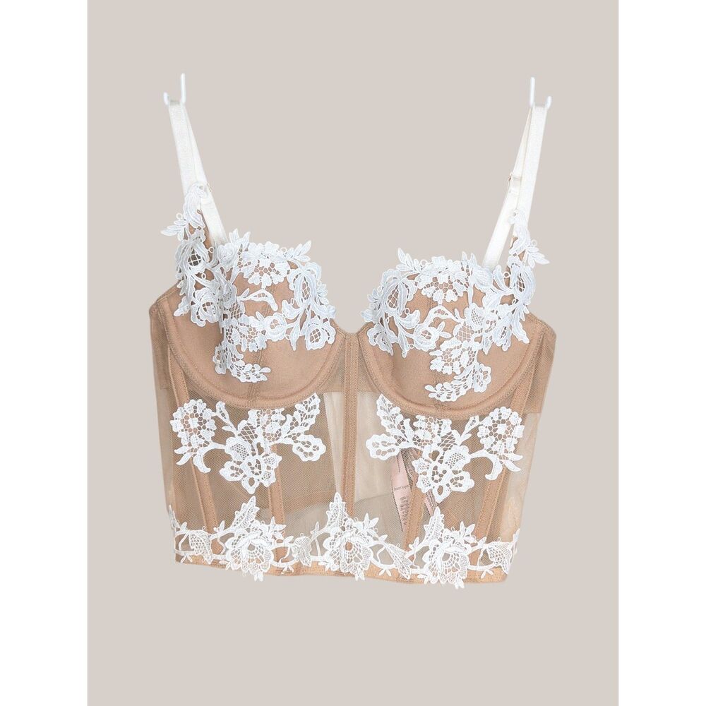 Victoria's Secret Dream Angels Embroidered Bustier Long Bra 32C Nude White Sheer